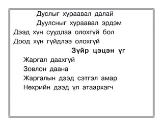 Äóñëûã õóðààâàë äàëàé
      Äóóëñíûã õóðààâàë ýðäýì
Äýýä õ¿í ñóóäëàà îëîõã¿é áîë
Äîîä õ¿í ã¿éäëýý îëîõã¿é
                Ç¿éð öýöýí ¿ã
  Æàðãàë äààõã¿é
  Çîâëîí äààíà
  Æàðãàëûí äýýä ñýòãýë àìàð
  Íºõðèéí äýýä ¿ë àòààðõàã÷
 