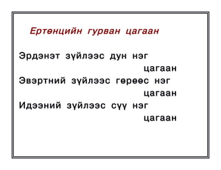 Åðòºíöèéí ãóðâàí öàãààí

Ýðäýíýò ç¿éëýýñ äóí íýã
                      öàãààí
Ýâýðòíèé ç¿éëýýñ ãºðººñ íýã
                      öàãààí
Èäýýíèé ç¿éëýýñ ñ¿¿ íýã
                      öàãààí
 