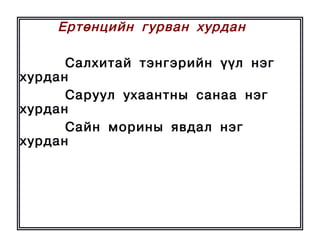 Åðòºíöèéí ãóðâàí õóðäàí

      Ñàëõèòàé òýíãýðèéí ¿¿ë íýã
õóðäàí
      Ñàðóóë óõààíòíû ñàíàà íýã
õóðäàí
      Ñàéí ìîðèíû ÿâäàë íýã
õóðäàí
 