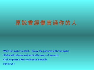 Wait for music to start.  Enjoy the pictures with the music. Slides will advance automatically every ~7 seconds. Click or press a key to advance manually. Have Fun ! 原諒曾經傷害過你的人   