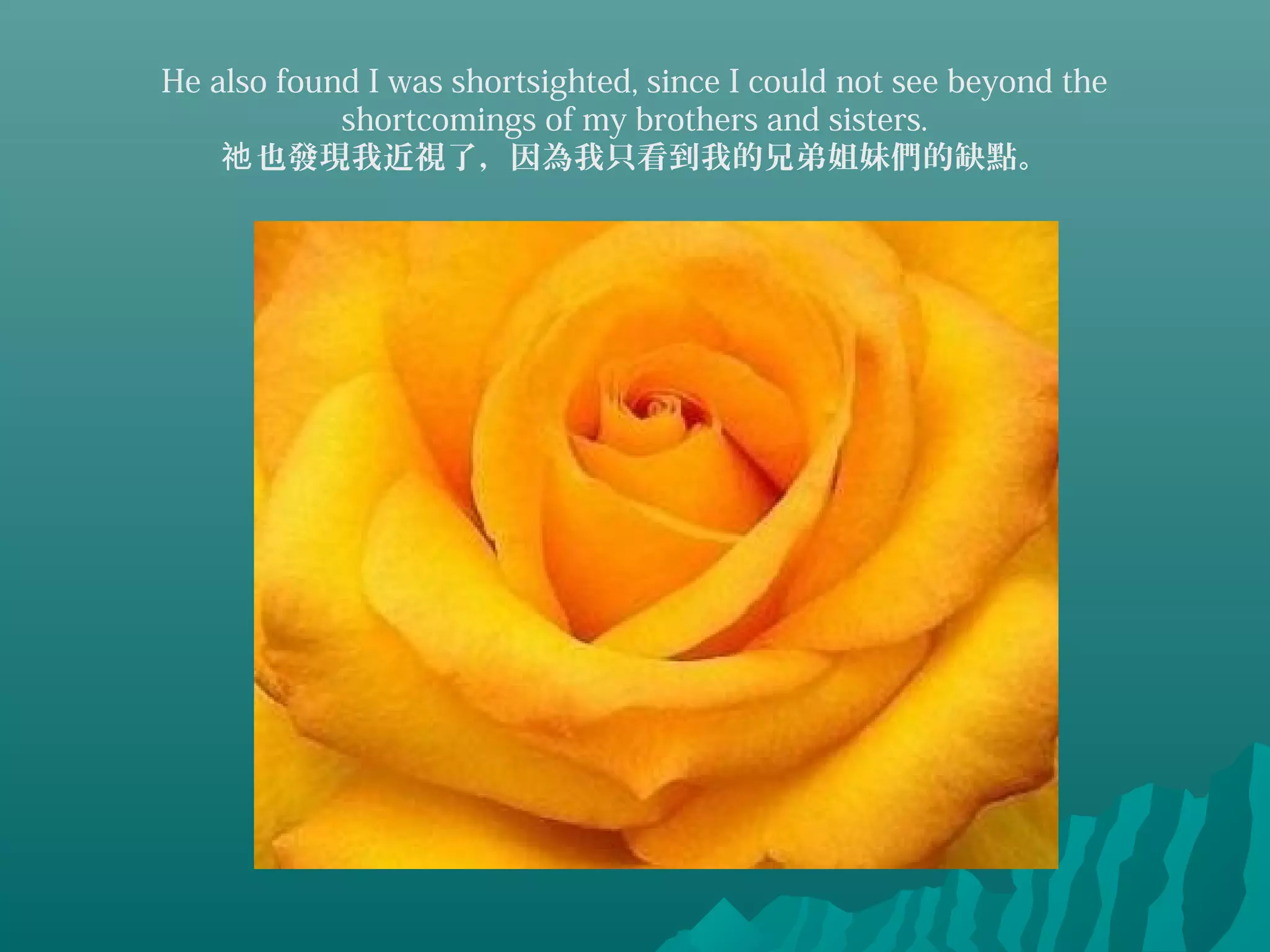He also found I was shortsighted, since I could not see beyond the
shortcomings of my brothers and sisters.
也發現我近視了，因為我只看到我的兄弟姐妹們的缺點。祂
 