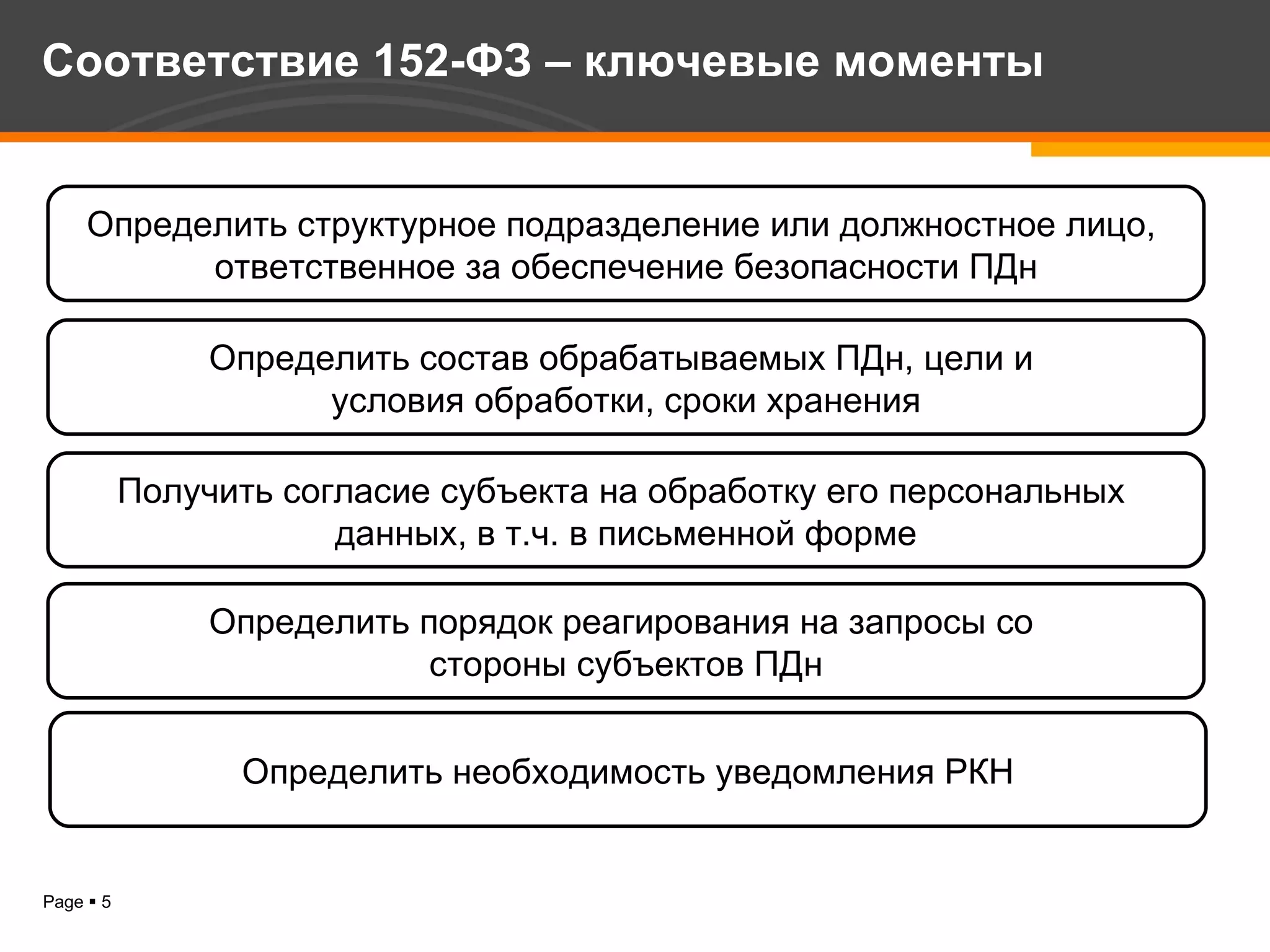 Соответствие 152-ФЗ – ключевые моменты Определить структурное подразделение или должностное лицо,  ответственное за обеспечение безопасности ПДн Определить состав обрабатываемых ПДн, цели и  условия обработки, сроки хранения Получить согласие субъекта на обработку его персональных  данных, в т.ч. в письменной форме Определить порядок реагирования на запросы со  стороны субъектов ПДн Определить необходимость уведомления РКН 