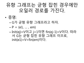 유향 그래프는 균형 잡힌 경우에만
오일러 경로를 가진다.
• 증명:
– G가 균형 유향 그래프라고 하자.
– P = (e1, … , em)
– Init(ej)=V이고 j>1이면 fin(ej-1)=V이다. 따라
서 G는 균형 잡힌 유향 그래프 이므로,
init(e1)=V=fin(em)이다.
 