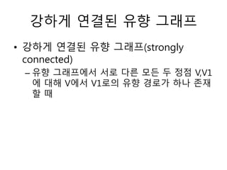 강하게 연결된 유향 그래프
• 강하게 연결된 유향 그래프(strongly
connected)
– 유향 그래프에서 서로 다른 모든 두 정점 V,V1
에 대해 V에서 V1로의 유향 경로가 하나 존재
할 때
 