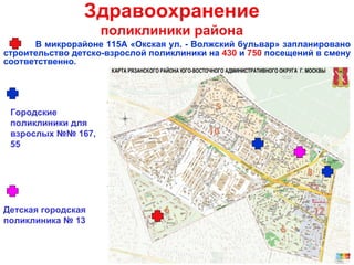 В микрорайоне 115А «Окская ул. - Волжский бульвар» запланировано строительство детско-взрослой поликлиники на  430  и  750  посещений в смену соответственно. Здравоохранение поликлиники района Городские поликлиники для взрослых №№ 167, 55 Детская городская поликлиника № 13 