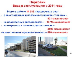 Парковки Ввод в эксплуатацию в 2011 году Всего в районе  14 583  парковочных мест: в многоэтажных и подземных гаражах–стоянках –  921 машиномест   на плоскостных автостоянках –  10715 машиномест на открытых и гостевых автостоянках –  2593 машиномест   - в капитальных гаражах–стоянках –  670 машиномест 