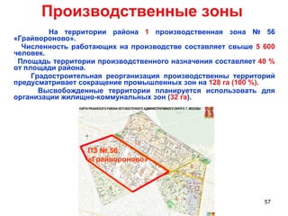 Производственные зоны На территории района  1  производственная зона № 56 «Грайвороново». Численность работающих на производстве составляет свыше  5 600  человек. Площадь территории производственного назначения составляет  40 %  от площади района. Градостроительная реорганизация производственны территорий предусматривает сокращение промышленных зон на  128 га (100 %). Высвобожденные территории планируется использовать для организации жилищно-коммунальных зон ( 32 га ). ПЗ № 56 «Грайвороново» 