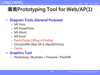 VxPrototyping Tool for Web/AP(1)

? Diagram Tools (General Purpose)
  C   MS Visio
  C   MS PowerPoint
  C   MS Word
  C   MS Excel
  C   Pencil Project (Plug-in Firefox)
  C   OmniGraffle (Mac OS X, MacVisio)
  C   Cacoo
? Graphics Tool
  C Photoshop / Illustrator / Firework / FlashMX




                               -36-
 