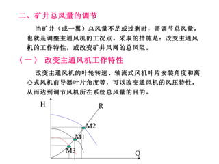 二、矿井总风量的调节 当矿井（或一翼）总风量不足或过剩时，需调节总风量，也就是调整主通风机的工况点。采取的措施是：改变主通风机的工作特性，或改变矿井风网的总风阻。 ( 一 )  改变主通风机工作特性 改变主通风机的叶轮转速、轴流式风机叶片安装角度和离心式风机前导器叶片角度等，可以改变通风机的风压特性，从而达到调节风机所在系统总风量的目的。 R M1 M2 M3 Q H 