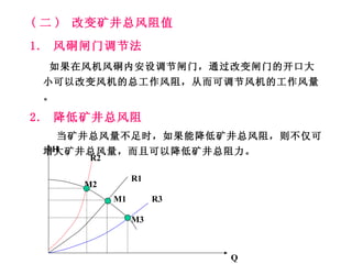 ( 二 )  改变矿井总风阻值 1.  风硐闸门调节法 如果在风机风硐内安设调节闸门，通过改变闸门的开口大小可以改变风机的总工作风阻，从而可调节风机的工作风量。 2.  降低矿井总风阻 当矿井总风量不足时，如果能降低矿井总风阻，则不仅可增大矿井总风量，而且可以降低矿井总阻力。 M1 R1 R2 M2 R3 M3 Q H 
