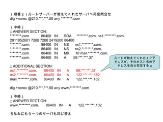 혷`ȥ`Щ`̤Ƥ줿`ФٶȆϤ dig +norec @210.***.***.50 any ***.com ԣ ;; ANSWER SECTION: ***.com.  86400  IN  SOA  ***.com. ns1.***.com. 2011052601 7200 7200 2419200 86400 ***.com.  86400  IN  NS  ns1.***.com. ***.com.  86400  IN  NS  ns2.***.com. ***.com.  86400  IN  MX  10 mail.***.com. ***.com.  86400  IN  A  59.***.***.37 ;; ADDITIONAL SECTION: ns1.***.com.  86400  IN  A  59.***.***.37 ns2.***.com.  86400  IN  A  122.***.***.182 mail.***.com.  86400  IN  A  122.***.***.182 dig +norec @210.***.***.50 any www.***.com ԣ ;; ANSWER SECTION: www.***.com.  86400  IN  A  122.***.***.182 ʤߤˤ⤦һĤΥ`Фͬ `Ȥ̤Ƥ줿ɣХɥ쥹ΥۥΥɥ쥹Ԥ񶨤 w 
