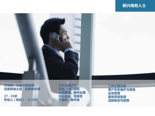 新兴商务人士




市场部、大客户部经理、     工作主要活动      工作主要内容
店面联络主管、业务部经理    开会：讨论细则     客户关系维护与管理
                公文撰写、邮件处理   业务管理
27－34岁          分析数据、写报告    服务质量监督
年收入（税后）：8-10万   下基层、跑市场     流程制定与管理
 