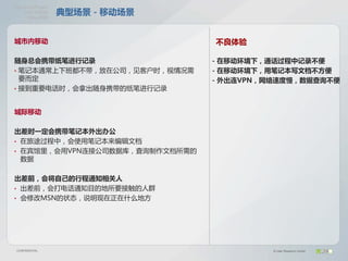 OlymposProject
    UserModel
     May2008
                  典型场景－移动场景


城市内移动                           不良体验

随身总会携带纸笔进行记录                    －在移动环境下，通话过程中记录不便
• 笔记本通常上下班都不带，放在公司，见客户时，视情况需    －在移动环境下，用笔记本写文档不方便
  要而定                           －外出连VPN，网络速度慢，数据查询不便
• 接到重要电话时，会拿出随身携带的纸笔进行记录



城际移动

出差时一定会携带笔记本外出办公
• 在旅途过程中，会使用笔记本来编辑文档
• 在宾馆里，会用VPN连接公司数据库，查询制作文档所需的
  数据

出差前，会将自己的行程通知相关人
• 出差前，会打电话通知目的地所要接触的人群
• 会修改MSN的状态，说明现在正在什么地方




 CONFIDENTIAL                            © User Research Center
 