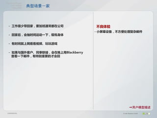 OlymposProject
    UserModel
     May2008
                  典型场景－家




 － 工作很少带回家，要加班通常都在公司              不良体验
                                  －小屏幕设备，不方便处理复杂邮件
 － 回家后，会抽时间运动一下，锻炼身体

 － 有时间就上网看看视频、玩玩游戏

 － 如果与国外客户、同事联络，会在晚上用Blackberry
   查看一下邮件，有特别重要的才会回




                                                   →用户模型描述
 CONFIDENTIAL                              © User Research Center
 