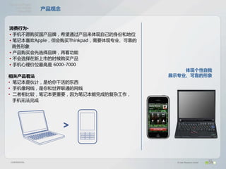 OlymposProject
    UserModel
     May2008
                  产品观念


消费行为•
• 手机不愿购买国产品牌，希望通过产品来体现自己的身份和地位
• 笔记本喜欢Apple，但会购买Thinkpad，需要体现专业、可靠的
  商务形象
• 产品购买会先选择品牌，再看功能
• 不会选择在新上市的时候购买产品
• 手机心理价位最高是 6000-7000
                                           体现个性自我
相关产品看法                                 展示专业、可靠的形象
• 笔记本是伙计，是给你干活的东西
• 手机像网线，是你和世界联通的网线
• 二者相比较，笔记本更重要，因为笔记本能完成的复杂工作，
  手机无法完成




 CONFIDENTIAL                            © User Research Center   35
 