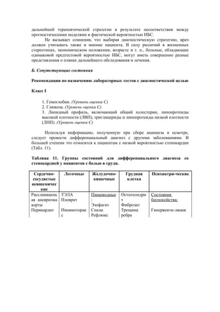 дальнейшей терапевтической стратегии в результате несоответствия между
прогностическими моделями и фактической вероятностью ИБС.
       Не вызывает сомнения, что выбирая диагностическую стратегию, врач
должен учитывать также и мнение пациента. В силу различий в жизненных
стереотипах, экономическом положении, возрасте и т. п., больные, обладающие
одинаковой предтестовой вероятностью ИБС, могут иметь совершенно разные
представления о планах дальнейшего обследования и лечения.

Б. Сопутствующие состояния

Рекомендации по назначению лабораторных тестов с диагностической целью

Класс I

    1. Гемоглобин. (Уровень оценки С)
    2. Глюкоза. (Уровень оценки С)
    3. Липидный профиль, включающий общий холестерин, липопротеиды
    высокой плотности (ЛВП), триглицериды и липопротеиды низкой плотности
    (ЛНП). (Уровень оценки С)

       Используя информацию, полученную при сборе анамнеза и осмотре,
следует провести дифференциальный диагноз с другими заболеваниями. В
большей степени это относится к пациентам с низкой вероятностью стенокардии
(Табл. 11).

Таблица 11. Группы состояний для дифференциального диагноза со
стенокардией у пациентов с болью в груди.

  Сердечно-    Легочные     Желудочно-      Грудная      Психиатри-ческие
 сосудистые                 кишечные         клетка
неишемичес
     кие
Расслаивающ ТЭЛА            Пищеводные    Остеохондри    Состояния
ая аневризма Плеврит        :             т              беспокойства:
аорты                       Эзофагит      Фиброзит
Перикардит   Пневмоторак    Спазм         Трещина        Гипервенти-ляция
             с              Рефлюкс       ребра
 