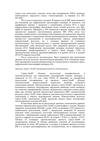 одного или нескольких стенозов, когда при планировании ЧТКА возникает
необходимость определить стеноз, «ответственный» за ишемию (12, 463,
467-469).
       После реваскуляризации миокарда. В периоде после КШ также возникает
ряд показаний для перфузионной сцинтиграфии миокарда. В частности, для
верификации ишемии у пациентов с изменениями сегмента ST-T в покое
перфузионная сцинтиграфия обеспечивает более точный результат, чем ЭКГ-
проба на тредмиле. Примерно у 30% пациентов в раннем периоде после КШ
тредмил-тест выявляет патологическую реакцию ЭКГ (470), после чего
возникает необходимость дальнейшего обследования для диагностики неполной
реваскуляризации и определения объема ишемизированного миокарда. Иногда
тредмил-тест выполненный в постоперационном периоде демонстрирует
отрицательный результат, но с течением времени он становятся
положительным. Это свидетельствует о наличии прогрессирующей ишемии,
обусловленной либо окклюзией шунта, либо динамикой процесса в других
сосудах (471). Перфузионная сцинтиграфия миокарда позволяет определить
локализацию, распространенность и тяжесть такой ишемии (120). Ее
прогностическая ценность продемонстрирована и в раннем (472) и в позднем
(473-475) периоде после КШ.
       После нагрузочного тестирования. Часть пациентов при выполнении
тредмил-теста не достигает диагностических критериев. В их отношении может
быть предпринята попытка распределения по степени риска с помощью стресс-
перфузионной сцинтиграфии миокарда (14).

Значение стресс-ЭхоКГ для распределения по степени риска

       Стресс-ЭхоКГ      обладает    достаточной      специфичностью      и
чувствительностью для определения индуцируемой ишемии миокарда у
пациентов со СС (13) (см. главу II.В.4). В сравнении со стандартным
нагрузочным     тестированием    на   тредмиле,    стресс-ЭхоКГ    обладает
дополнительной      диагностической   ценностью,     позволяя    установить
локализацию ишемии. Прогностическая ценность стресс-ЭхоКГ заключается в
возможности выявлять индуцируемые нарушения движения стенки миокарда,
что позволяет верифицировать низкую, пограничную и высокую степень риска.
Даже при наличии высокой предтестовой вероятности ИБС, положительный
результат стресс-ЭхоКГ может принести дополнительную пользу в определении
локализации и тяжести индуцируемой ишемии. Отрицательный результат
стресс-ЭхоКГ представляет собой предиктор низкого риска последующих
неблагоприятных исходов (420-428).
       В настоящее время мы не располагаем данными, позволяющие сравнить
значение отрицательных результатов ЭхоКГ и сцинтигрфии с таллием. Недавно
завершено исследование McCully с соавт. (476), включившее 1325 пациентов с
нормальными результатами ЭхоКГ с физической нагрузкой. В качестве
конечной точки учитывалось отсутствие неблагоприятных исходов: смерти,
связанной с заболеваниями сердца, нефатального ИМ и реваскуляризации. Ее
частота в первый год составила 99,2%, во второй - 97,8% и в третий - 97,4%.
Таблица 22 суммирует прогностическую ценность стресс-ЭхоКГ по
литературным данным. В таблице приведены сведения об исследованиях,
включивших не менее 100 пациентов, у которых в недавнем прошлом не было
ИМ и у которых регистрировались как положительные, так и отрицательные
 