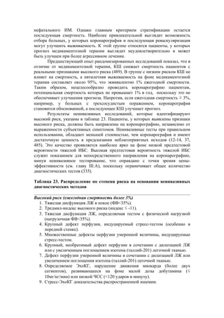 нефатального ИМ. Однако главным критерием стратификации остается
последующая смертность. Наиболее привлекательной выглядит возможность
отбора больных, у которых коронарография и последующая реваскуляризация
могут улучшить выживаемость. К этой группе относятся пациенты, у которых
прогноз медикаментозной терапии выглядит неудовлетворительно и может
быть улучшен при более агрессивном лечении.
       Предшествующий опыт рандомизированных исследований показал, что в
отличие от медикаментозной терапии, КШ снижает смертность пациентов с
реальными признаками высокого риска (489). В группе с низким риском КШ не
влияет на смертность, а пятилетняя выживаемость на фоне медикаментозной
терапии составляет около 95%, что эквивалентно 1% ежегодной смертности.
Таким образом, нецелесообразно проводить коронарографию пациентам,
потенциальная смертность которых не превышает 1% в год, поскольку это не
обеспечивает улучшения прогноза. Напротив, если ежегодная смертность ≥ 3%,
например, у больных с трехсосудистым поражением, коронарография
становится обоснованной, а последующее КШ улучшает прогноз.
       Результаты неинвазивных исследований, которые идентифицируют
высокий риск, указаны в таблице 23. Пациенты, у которых выявлены признаки
высокого риска, должны быть направлены на коронарографию, независимо от
выраженности субъективных симптомов. Неинвазивные тесты при правильном
использовании, обладают меньшей стоимостью, чем коронарография и имеют
достаточную ценность в предсказании неблагоприятных исходов (12-14, 37,
485). Это качество проявляется наиболее ярко на фоне низкой предтестовой
вероятности тяжелой ИБС. Высокая предтестовая вероятность тяжелой ИБС
служит показанием для непосредственного направления на коронарографию,
минуя неинвазивное тестирование, что оправдано с точки зрения цены-
эффективности (см. главу III.А), поскольку ограничивает общее количество
диагностических тестов (335).

Таблица 23. Распределение по степени риска на основании неинвазивных
диагностических методов

Высокий риск (ежегодная смертность более 3%)
  1. Тяжелая дисфункция ЛЖ в покое (ФВ<35%).
  2. Тредмил-индекс высокого риска (индекс ≤ -11).
  3. Тяжелая дисфункция ЛЖ, определяемая тестом с физической нагрузкой
     (нагрузочная ФВ<35%).
  4. Крупный дефект перфузии, индуцируемый стресс-тестом (особенно в
     передней стенке).
  5. Множественные дефекты перфузии умеренной величины, индуцируемые
     стресс-тестом.
  6. Крупный, необратимый дефект перфузии в сочетании с дилатацией ЛЖ
     или с увеличенным поглощением изотопа (таллий-201) легочной тканью.
  7. Дефект перфузии умеренной величины в сочетании с дилатацией ЛЖ или
     увеличением поглощения изотопа (таллий-201) легочной тканью.
  8. Определяемое ЭхоКГ, нарушение движения миокарда (более двух
     сегментов), развивающееся на фоне малой дозы добутамина (≤
     10мг/кг/мин) или низкой ЧСС (<120 ударов в минуту).
  9. Стресс-ЭхоКГ доказательства распространенной ишемии.
 