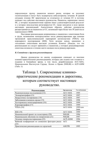 определенную группу пациентов низкого риска, которые не подлежат
госпитализации и могут быть подвергнуты амбулаторному лечению. В данной
ситуации течение НС практически не отличается от течения СС и поэтому
попадает под действие настоящего руководства. Пациенты, перенесшие эпизод
НС, у которых медикаментозная терапия имеет удовлетворительный результат
и у которых впоследствии регистрируется СС, также находятся в поле зрения
настоящих рекомендаций. Аналогичным образом, действие руководства
распространяется на пациентов со СС, возникшей через более чем 30 дней после
перенесенного ОИМ.
      Настоящие рекомендации неприменимы к пациентам с симптомами боли
в груди, возникшими непосредственно после реваскуляризации при помощи
чрезкожной транслюминальной коронарной ангиопластики (ЧТКА) или
коронарного шунтирования (КШ). Хотя деление между «ранними» и
«поздними» симптомами выглядит условным, Комитет убежден, что эти
рекомендации не следует применять к пациентам, у которых рецидивирующие
симптомы возникли в течение шести месяцев после реваскуляризации.

В. Совпадение с другими рекомендациями

       Данное руководство по своему содержанию совпадает со многими
клинико-практическими рекомендациями, которые уже изданы или готовятся к
изданию в ближайшее время, в том числе, разработанными АСС/АНА;
Национальным Институтом Сердца, Легких и Крови (NHLBI) и ACP-ASIM
(Табл. 1).


    Таблица 1. Современные клинико-
 практические рекомендации и директивы,
    которым соответствует настоящее
              руководство.
                  Рекомендации                      Организатор    Год публикации

Радионуклидные исследования (12)                    АСС/АНА        1995
Эхокардиография (13)                                АСС/АНА        1997
Нагрузочное тестирование (14)                       АСС/АНА        1997
Заболевания клапанов сердца (15)                    АСС/АНА        1998
Холтеровское мониторирование (16)                   АСС/АНА        1999
Коронарография (17)                                 АСС/АНА        1999
ЧТКА (18)                                           АСС/АНА        1999 или
                                                                   2000
КШ (19)                                         АСС/АНА            1999
Национальный проект по холестерину (20)         NHLBI              1996
Национальное обучение по гипертензии (21)       NHLBI              1997
Лечение гиперхолестеринемии (22)                АCP-ASIM           1996
Bethesda конференция по снижению факторов риска АСС                1996
(23)
Практические рекомендации по сердечной          AHCPR              1995
 
