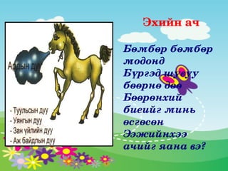 Эхийн ач

Бөмбөр бөмбөр 
модонд
Бүргэд шувуу 
бөөрнө дөө
Бөөрөнхий 
биеийг минь 
өсгөсөн
Ээжийнхээ 
ачийг яана вэ?
 