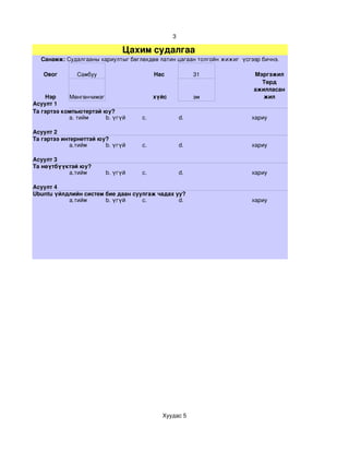 3

                             Цахим судалгаа 
  Санамж: Судалгааны хариултыг бөглөхдөө латин цагаан толгойн жижиг  үсгээр бичнэ.

   Овог       Самбуу                     Нас             31              Мэргэжил
                                                                           Төрд 
                                                                         ажилласан 
    Нэр     Мөнгөнчимэг                  хүйс            эм                 жил
Асуулт 1
Та гэртээ компьютертэй юу?
            а. тийм     b. үгүй     c.              d.                  хариу

Асуулт 2
Та гэртээ интернеттэй юу?
             a.тийм     b. үгүй     c.              d.                  хариу

Асуулт 3
Та нөүтбүүктэй юу?
           a.тийм       b. үгүй     c.              d.                  хариу

Асуулт 4
Ubuntu үйлдлийн систем бие даан суулгаж чадах уу?
           a.тийм      b. үгүй     c.          d.                       хариу




                                           Хуудас 5
 