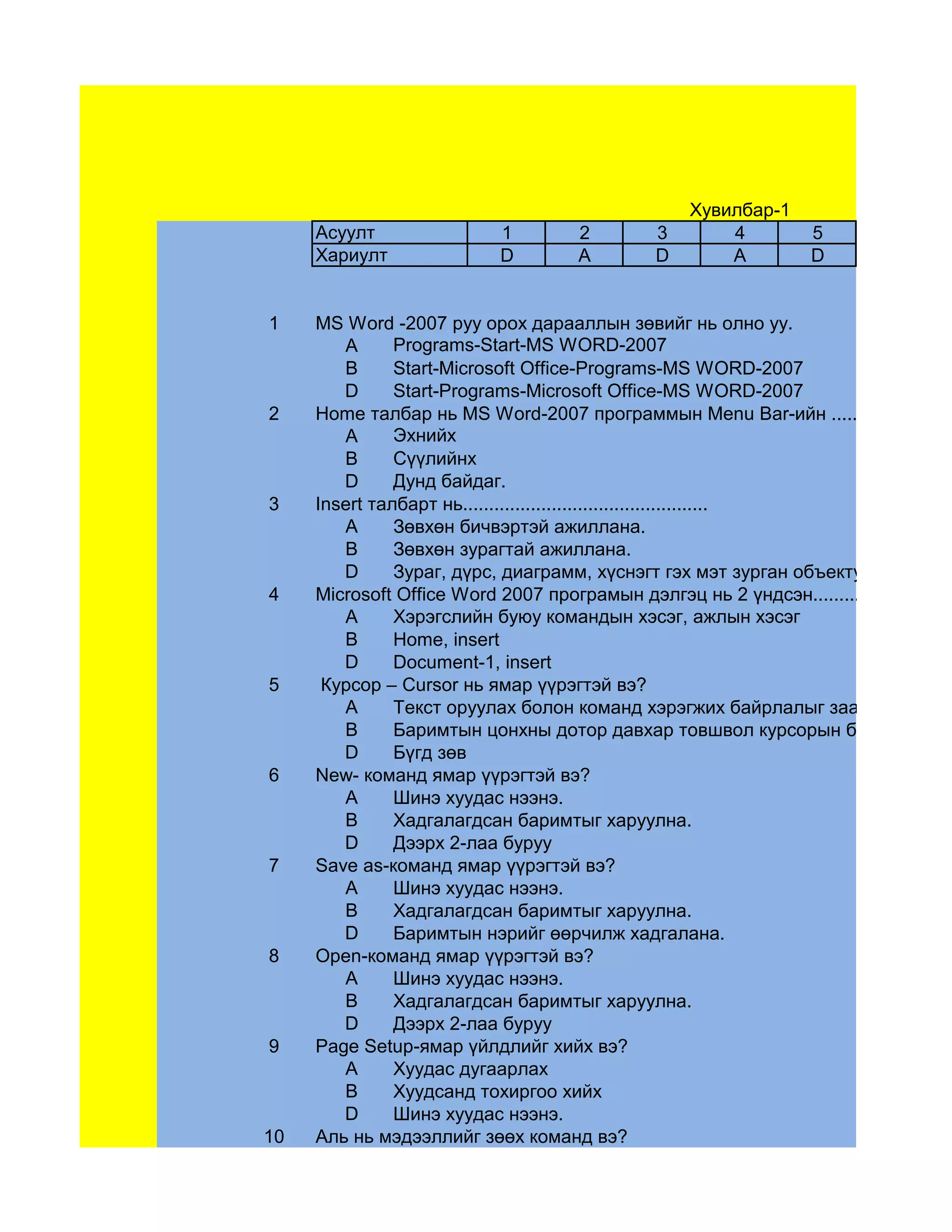 Хувилбар-1
     Асуулт                1        2        3       4          5
     Хариулт               D        A        D       A          D


1    MS Word -2007 руу орох дарааллын зөвийг нь олно уу.
        A      Programs-Start-MS WORD-2007
        B      Start-Microsoft Office-Programs-MS WORD-2007
        D      Start-Programs-Microsoft Office-MS WORD-2007
2    Home талбар нь MS Word-2007 программын Menu Bar-ийн ...............талба
        A      Эхнийх
        B      Сүүлийнх
        D      Дунд байдаг.
3    Insert талбарт нь...............................................
        A      Зөвхөн бичвэртэй ажиллана.
        B      Зөвхөн зурагтай ажиллана.
        D      Зураг, дүрс, диаграмм, хүснэгт гэх мэт зурган объектуудтай ажил
4    Microsoft Office Word 2007 програмын дэлгэц нь 2 үндсэн.............. хэсгүүд
        A      Хэрэгслийн буюу командын хэсэг, ажлын хэсэг
        B      Home, insert
        D      Document-1, insert
5     Курсор – Cursor нь ямар үүрэгтэй вэ?
        A      Текст оруулах болон команд хэрэгжих байрлалыг заадаг.
        B      Баримтын цонхны дотор давхар товшвол курсорын байршлыг чө
        D      Бүгд зөв
6    New- команд ямар үүрэгтэй вэ?
        A      Шинэ хуудас нээнэ.
        B      Хадгалагдсан баримтыг харуулна.
        D      Дээрх 2-лаа буруу
7    Save as-команд ямар үүрэгтэй вэ?
        A      Шинэ хуудас нээнэ.
        B      Хадгалагдсан баримтыг харуулна.
        D      Баримтын нэрийг өөрчилж хадгалана.
8    Open-команд ямар үүрэгтэй вэ?
        A      Шинэ хуудас нээнэ.
        B      Хадгалагдсан баримтыг харуулна.
        D      Дээрх 2-лаа буруу
9    Page Setup-ямар үйлдлийг хийх вэ?
        A      Хуудас дугаарлах
        B      Хуудсанд тохиргоо хийх
        D      Шинэ хуудас нээнэ.
10   Аль нь мэдээллийг зөөх команд вэ?
 