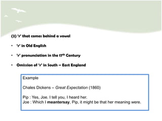(3) Suffix ‘-ing’ Two types of pronunciation in ‘-ing’ in words such as ‘swimming’ and ‘sleeping’ – [in] or [iŋ] Higher social classes use more [in] compared to [iŋ]< Use of pronunciation [iŋ] for suffix ‘-ing’>
