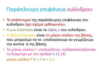 Παράπλευρη επιφάνεια κυλίνδρου Τοανάπτυγμα της παράπλευρης επιφάνειας του κυλίνδρου έχει σχήμα ορθογωνίου.Η μια διάσταση είναι το ύψος υ του κυλίνδρου.Η άλλη διάσταση είναι το μήκος κύκλου της βάσης, που μπορούμε να το  υπολογίσουμε αν γνωρίζουμε την ακτίνα  α της βάσης.Το μήκος κύκλου Γ υπολογίζεται, πολλαπλασιάζοντας τη διάμετρο με τον αριθμό π (3,14)   μήκος κύκλου Γ = π.δ= π.2.α