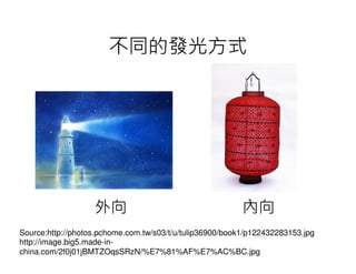 不同的發光方式




                   外向                                     內向
Source:http://photos.pchome.com.tw/s03/t/u/tulip36900/book1/p122432283153.jpg
http://image.big5.made-in-
china.com/2f0j01jBMTZOqsSRzN/%E7%81%AF%E7%AC%BC.jpg
 