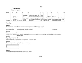 test2

                         Цахим тест
                Хариултын хуудас

Асуулт               1            2                  3                   4                        5       6    7       8                9      10

                                                         толгой,их           утас татагч,чанга сул  доод
                         оюуны,                          бие,                тохируулагч,зүү,зүүни утас           оёдлын  оёдлын 
                         биеийн                          хөдөлгүүр,          й гол,дарагч ул,түүний  байр толгой  алхам  алхам        Хөтлөгч,хөд
                         ,бүрэн,                         ажлын               гол,улыг өргөх буулгах  луул их бие  тохируу тохируулагч лөгдөгч,хөш
Хариулт b                хагас 70­110;40                 тавцан              хөшүүрэг                ах   үзүүр лах       утас ороогч үүрэг

Хувилбар1

Асуулт1
Оёдлын машин зохион бүтээх санааг анх хэн гаргасан вэ?  Зөв хариуг дугуйл

a.Ч.П.Везентель                       b.Леонардо Да Винчи   c.Г.Сент                                                       d.М.Зингер

Асуулт2
Машин гэж юу вэ?
        уг хэлэх вэ?
Хүний …....... болон ............ хүчний хөдөлмөрийг ...................болон ...............хөнгөвчлөх зориулалттай техникийг 
                         машин гэнэ.
Асуулт3
Өгүүлбэрийг гүйцээж бич.
Оёдлын машинд …..номерий зүү,....номерийн утас хэрэглэнэ.

Асуулт4
Оёдлын гар машиныг бүтэцийн хувьд 4 ангилна,
А..........................................
Б..........................................
В..........................................
Г..........................................

Асуулт5
Оёдлын машины толгойн хэсгийн эд ангиудыг нэрэл.
…..........................................................................................


                                                                                                Хуудас 7
 