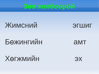 Зөв холбоорой

Жимсний         эгшиг

Бөжингийн       амт

Хөгжмийн        эх
 