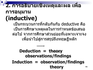 เป็นกระบวนการที่กลับกันกับ  deductive   คือเป็นการศึกษาเหตุผลในการกำหนดข้อเสนอต่อไป จากการศึกษาส่วนย่อยที่เฉพาะเจาะจงเพื่อนำไปสู่การสรุปถึงทฤษฏีหลัก Deduction   =  theory  observations/findings  Induction  =  observation/findings  theory 2.  การอธิบายเชิงเหตุและผล เพื่อการอนุมาน  (inductive) 