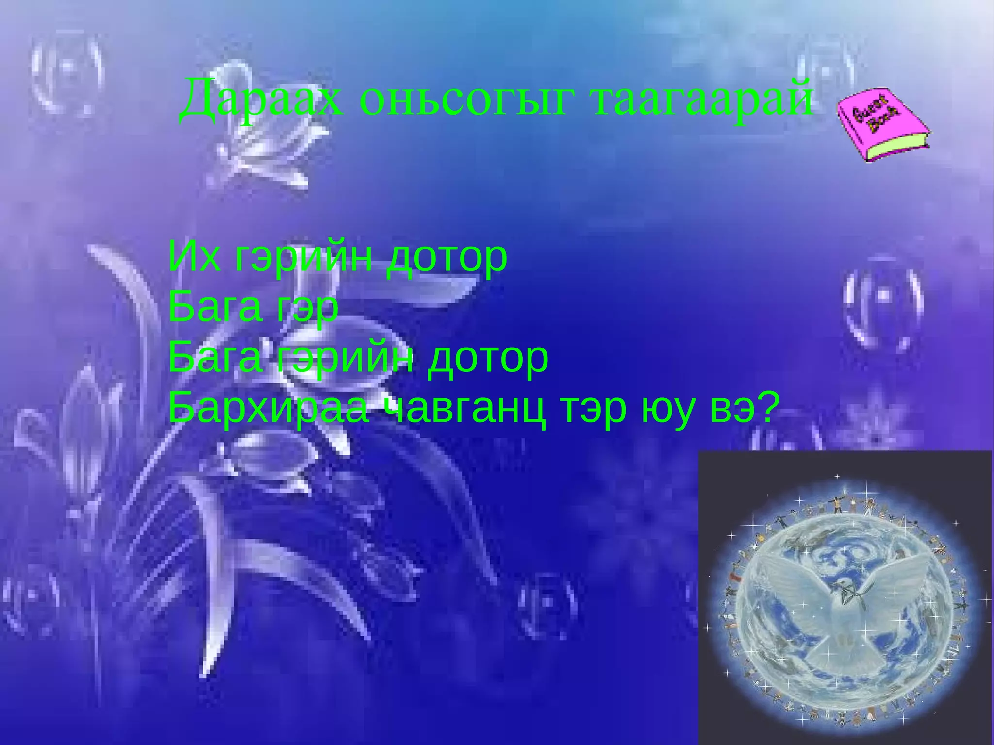 Б .Ринчений зохиолыг сонгоно уу?  А.Дөрвөн цаг Б.Би монгол хүн В.Миний монгол Г.Шүхэрч Буниа g 