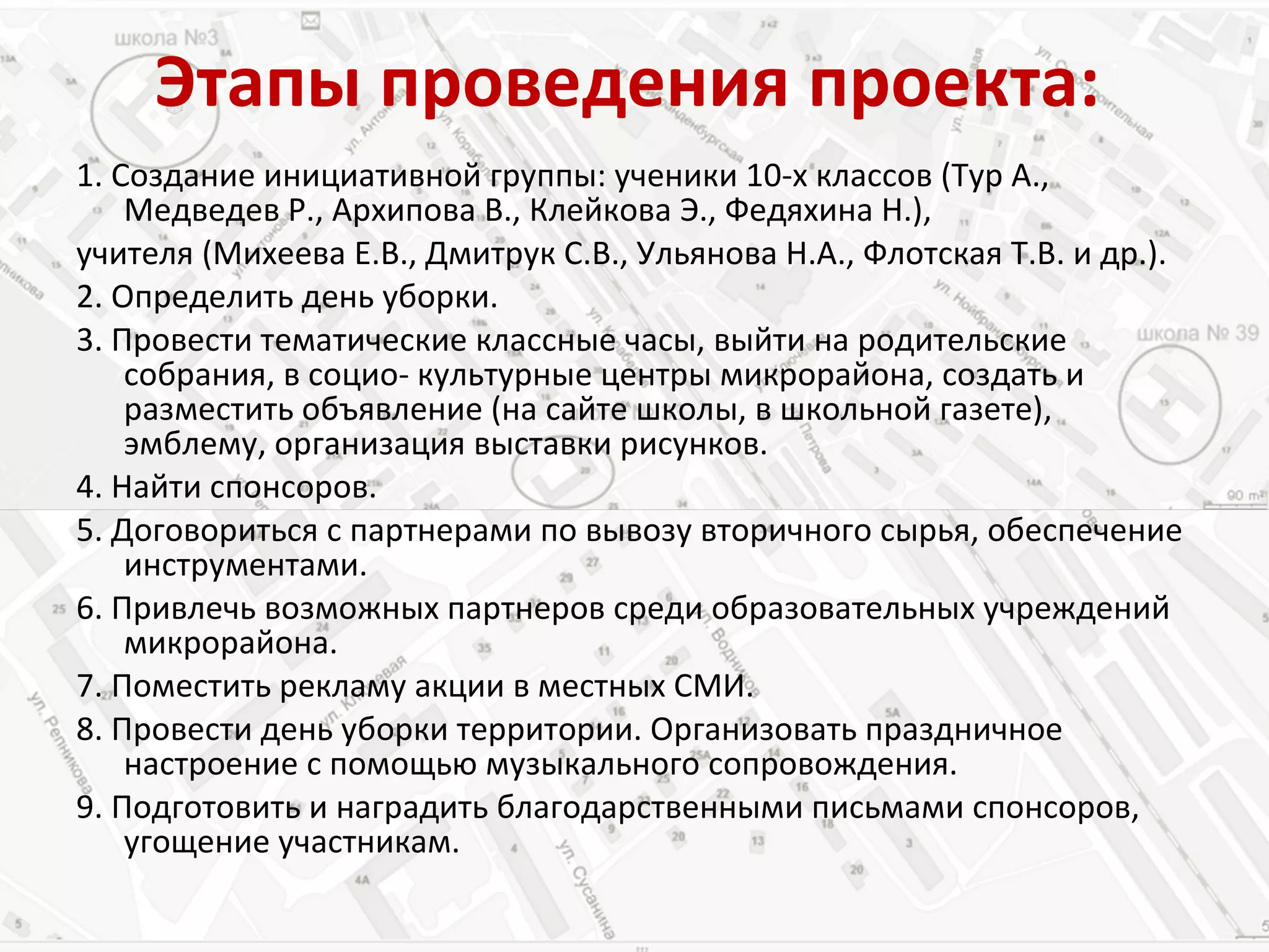 Этапы проведения проекта:  1. Создание инициативной группы: ученики 10-х классов (Тур А., Медведев Р., Архипова В., Клейкова Э., Федяхина Н.), учителя (Михеева Е.В., Дмитрук С.В., Ульянова Н.А., Флотская Т.В. и др.).  2. Определить день уборки. 3. Провести тематические классные часы, выйти на родительские собрания, в социо- культурные центры микрорайона, создать и разместить объявление (на сайте школы, в школьной газете), эмблему, организация выставки рисунков. 4. Найти спонсоров. 5. Договориться с партнерами по вывозу вторичного сырья, обеспечение инструментами. 6. Привлечь возможных партнеров среди образовательных учреждений микрорайона. 7. Поместить рекламу акции в местных СМИ. 8. Провести день уборки территории. Организовать праздничное настроение с помощью музыкального сопровождения.  9. Подготовить и наградить благодарственными письмами спонсоров, угощение участникам. 
