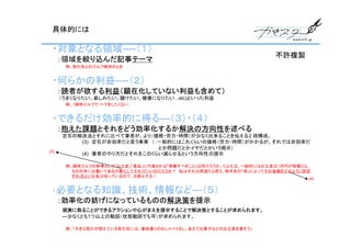 具体的には

・対象となる領域----（１）
                                                              不許複製
　：領域を絞り込んだ記事テーマ
　　　　例、取引先とのゴルフ接待のとき


・何らかの利益----（２）
　：読者が欲する利益（顕在化していない利益も含めて）
　　（うまくなりたい、楽しみたい、儲けたい、健康になりたい...etc)といった利益
　　　　例、（接待ゴルフで）ヘマをしたくない


・できるだけ効率的に得る---（３）・（４）
　：抱えた課題とそれをどう効率化するか解決の方向性を述べる
  　　　定石の解決法とそれに比べて筆者が、より（価格・労力・時間）が少なく出来ることを伝える2 段構成。
  　　　      (3)　定石が非効率だと言う事実　（：一般的にはこれくらいの価格（労力・時間）がかかるが、それでは非効率だ
  　　　　　　　　　　　　　　　　　　　　　　　　　　　　　　　　とか問題だとかイヤだとかいう掲示）
(3)
           (4)　筆者のやり方だとそれをこのくらい減らせるという方向性の提示

　　　　例、接待ゴルフの幹事として「お土産」「景品」に代表される「準備すべきこと」は何だろうか。たとえば、一般的にはお土産は1万円が相場だと、
　　　　　　　ものの本には書いてあるが果たしてそれでいいのだろうか？　私はそれは邪道だと思う。相手先の「格」によってその金額をどのように設定
　　　　　　　すればよいか私は知っているので、お教えする！
                                                                      (4)


・必要となる知識、技術、情報など---（５）
　：効率化の妨げになっているものの解決策を提示
　　現実に取ることができるアクションや心がまえを提示することで解決策とすることが求められます。
　　　---少なくとも1つ以上の動詞（状態動詞でも可）が求められます。　　　
　　　　
　　　　例、「大きな取引が控えている取引先には、普段通りのおしゃべりをし、あえてお菓子などのお土産を渡そう」
 