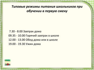 Типовые режимы питания школьников при обучении в первую смену 7.30 - 8.00 Завтрак дома  09.35 - 10.00 Горячий завтрак в школе  12.00 - 13.00 Обед дома или в школе  19.00 - 19.30 Ужин дома  