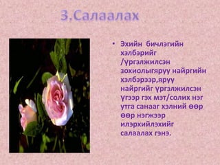 3.СалаалахЭхийн  бичлэгийн хэлбэрийг /үргэлжилсэн зохиолыгяруу найргийн хэлбэрээр,яруу найргийг үргэлжилсэн үгээр гэх мэт/солих нэг утга санааг хэлний өөр өөр нэгжээр илэрхийлэхийг салаалах гэнэ.