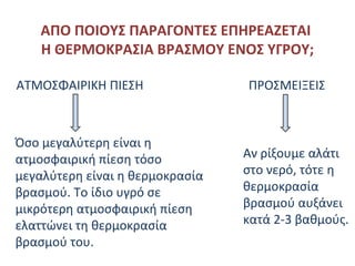 ΑΠΟ ΠΟΙΟΥΣ ΠΑΡΑΓΟΝΤΕΣ ΕΠΗΡΕΑΖΕΤΑΙ  Η ΘΕΡΜΟΚΡΑΣΙΑ ΒΡΑΣΜΟΥ ΕΝΟΣ ΥΓΡΟΥ; ΑΤΜΟΣΦΑΙΡΙΚΗ ΠΙΕΣΗ ΠΡΟΣΜΕΙΞΕΙΣ Όσο μεγαλύτερη είναι η ατμοσφαιρική πίεση τόσο μεγαλύτερη είναι η θερμοκρασία βρασμού. Το ίδιο υγρό σε μικρότερη ατμοσφαιρική πίεση ελαττώνει τη θερμοκρασία βρασμού του. Αν ρίξουμε αλάτι στο νερό, τότε η θερμοκρασία βρασμού αυξάνει κατά 2-3 βαθμούς. 