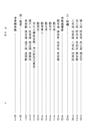 - - - - - - - - - - - - - - - - - - - - - - - - - - - - - - - - -
                                                                                                                - - - - - - - - - - - - - - - - - - - - - - - - - - - - - - - - -
揚
    人
        惡
            即
                是
                    惡
                               疾
                                         之
                                                   甚
                                                                   禍
                                                                             且
                                                                                       作




                                                                                                                                                                                                   ２
                                                                                                                                                                                                                       ９
                                                                                                                 - - - - - - - - - - - - - - - - - - - - - - - - - - - - - - - - -
見
    人
        惡
            即
                內
                    省
                               有
                                         則
                                                   改
                                                                   無
                                                                             加
                                                                                       警




                                                                                                                                                                                                   ３
                                                                                                                                                                                                                       ２
人
    有
        短
            切
                莫
                    揭
                               人
                                         有
                                                   私
                                                                   切
                                                                             莫
                                                                                       說




                                                                                                                                                                                                   ３
                                                                                                                                                                                                                       ８
            - - - - - - - - - - - - - - - - - - - - - - - - - - - - - - - - - - - - - - - - - - - - - - - - - - - - - - -
三
、
時
機




                                                                                                                                                                                                                       ４
                                                                                                                                                                                                                       ０
                     - - - - - - - - - - - - - - - - - - -                                                             - - - - - -            - - - - - - - - - - - - - - - - - - - - - - - - -    -
                                                                                                                    - - - - - -           - - - - - - - - - - - - - - - - - - - - - - - - - -                  -
    規
    過
    遷
    善




                                                                                                                                                                                                                       ４
                                                                                                                                                                                                                       ０
                 - - - -       - -       - -       - -       - -       - -       - -       - -       - -       - - - - - -           - - - - - - - - - - - - - - - - - - - - - - - - - -               -
親
    有
        過
            諫
                使
                    更
                               怡
                                         吾
                                                   色
                                                                   柔
                                                                             吾
                                                                                       聲




                                                                                                                                                                                                   ４
                                                                                                                                                                                                                       ０
                  - - - -       - -       - -       - -       - -       - -       - -       - -       - -       - - - - - -           - - - - - - - - - - - - - - - - - - - - - - - - - -              -
勸
    父
        母




                                                                                                                                                                                                   ４
                                                                                                                                                                                                                       １
                   - - - -       - -       - -       - -       - -       - -       - -       - -       - -       - - - - - -           - - - - - - - - - - - - - - - - - - - - - - - - - -             -
勸
    孩
        子




                                                                                                                                                                                                   ４
                                                                                                                                                                                                                       ２
                         - -       - -       - -       - -       - -       - -       - -       - -       - -       - - - - - -           - - - - - - - - - - - - - - - - - - - - - - - - - -               -
勸
    兄
        弟




                                                                                                                                                                                                   ４
                                                                                                                                                                                                                       ３
                    - - - -       - -       - -       - -       - -       - -       - -       - -       - -       - - - - - -           - - - - - - - - - - - - - - - - - - - - - - - - - -            -
勸
    領
        導
             人




                                                                                                                                                                                                   ４
                                                                                                                                                                                                                       ６
                                                                                                                               - -           - - - - - - - - - - - - - - - - - - - - - - - - - -                   -
勸
    朋
        友




                                                                                                                                                                                                   ５
                                                                                                                                                                                                                       ０
                                                                                                                     - - - - - -           - - - - - - - - - - - - - - - - - - - - - - - - - -                 -
勿
    以
        小
             嫌
                 疏
                       至
                               親
                                         ，
                                                   勿
                                                             以
                                                                       新
                                                                                 怨
                                                                                           忘
                                                                                                     舊
                                                                                                               恩




                                                                                                                                                                                                   ５
                                                                                                                                                                                                                       １
                                                                                                                      - - - - - -           - - - - - - - - - - - - - - - - - - - - - - - - - -                -
諫
    不
        入
            悅
                復
                    諫
                               號
                                         泣
                                                   隨
                                                                   撻
                                                                             無
                                                                                       怨




                                                                                                                                                                                                   ５
                                                                                                                                                                                                                       ４
善
    相
        勸
            德
                皆
                    建
                               過
                                         不
                                                   規
                                                                   道
                                                                             兩
                                                                                       虧




                                                                                                                                                                                                   ５
                                                                                                                                                                                                                       ７
            - - - - - - - - - - - - - - - - - - - - - - - - - - - - - - - - - - - - - - - - - - - - - - - - - - - - - - -
四
、
態
度




                                                                                                                                                                                                                       ６
                                                                                                                                                                                                                       １
                     - - - - - - - - - - - - - - - - - - - - - - - - - - - - - - - - - - - - - - - - - - - - - - - - - - -
    孝
    順
    恭
    敬




                                                                                                                                                                                                                       ６
                                                                                                                                                                                                                       １
              目
              錄




                                                                                                                                                                              ５
 