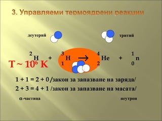 деутерий тритий
неутронα-частица
H +
2
1
H
3
1
→ He
4
2
+ n
1
0
1 + 1 = 2 + 0 /закон за запазване на заряда/
2 + 3 = 4 + 1 /закон за запазване на масата/
T~ 106
K
 