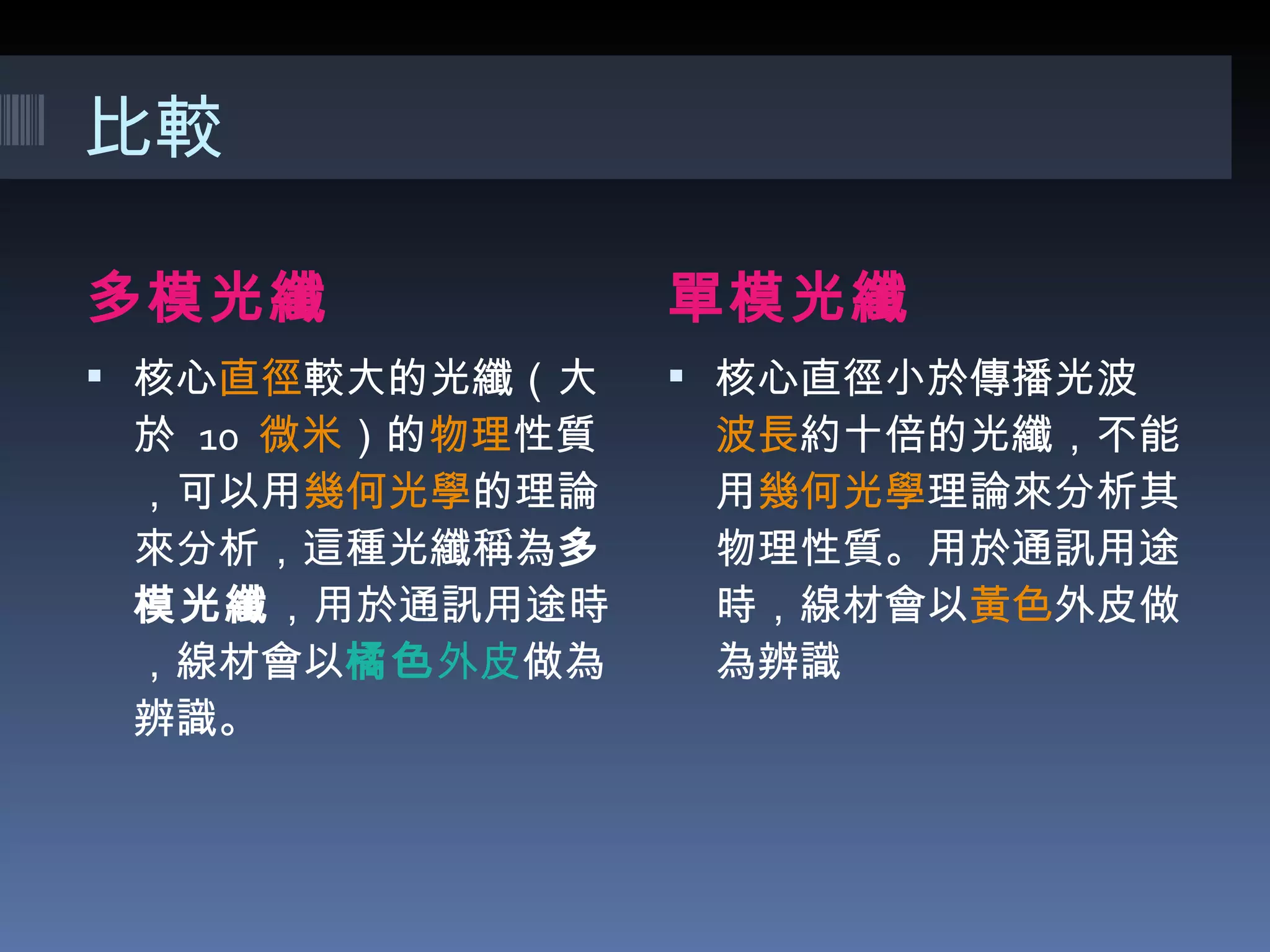 比較 多模光纖 單模光纖 核心 直徑 較大的光纖（大於  10  微米 ）的 物理 性質，可以用 幾何光學 的理論來分析，這種光纖稱為 多模光纖 ，用於通訊用途時，線材會以 橘色 外皮 做為辨識。 核心直徑小於傳播光波 波長 約十倍的光纖，不能用 幾何光學 理論來分析其物理性質。用於通訊用途時，線材會以 黃色 外皮做為辨識 