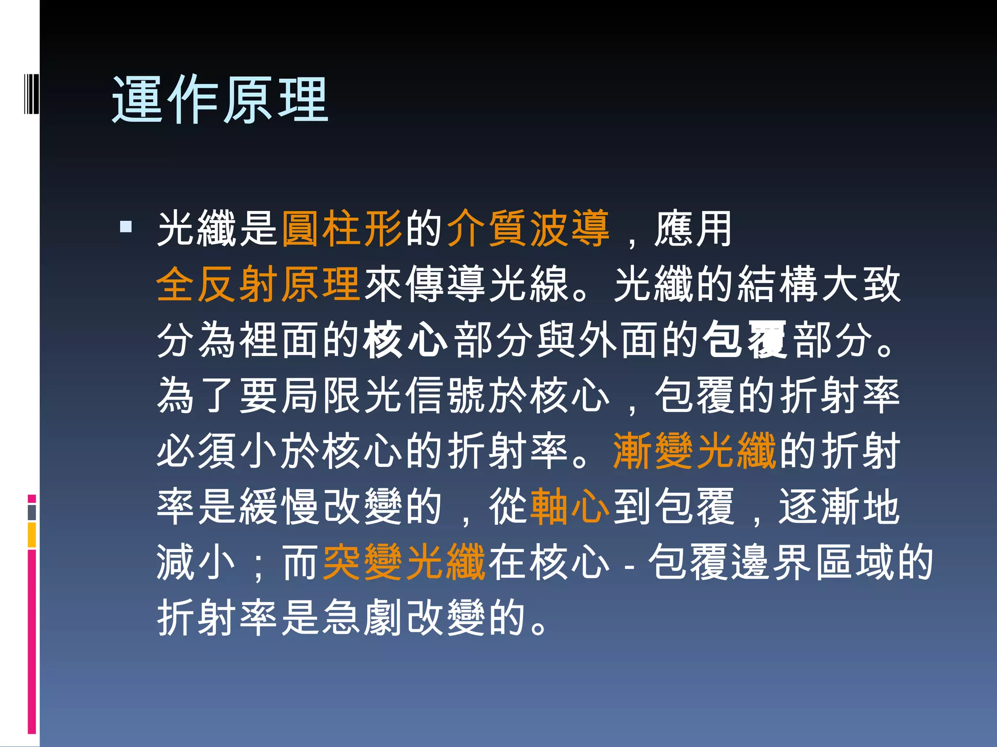 運作原理 光纖是 圓柱形 的 介質波導 ，應用 全反射原理 來傳導光線。光纖的結構大致分為裡面的 核心 部分與外面的 包覆 部分。為了要局限光信號於核心，包覆的折射率必須小於核心的折射率。 漸變光纖 的折射率是緩慢改變的，從 軸心 到包覆，逐漸地減小；而 突變光纖 在核心 - 包覆邊界區域的折射率是急劇改變的。 