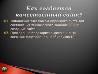 Как создается качественный сайт?01. Заполнение заказчиком опросного листа для       составления технического задания (ТЗ) на 	      создание сайта.02. Проведение предварительного анализа       внешних факторов (по необходимости).