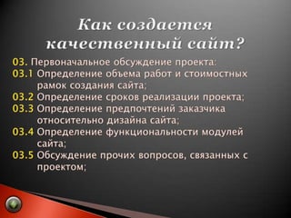 Как создается качественный сайт?03. Первоначальное обсуждение проекта:03.1 Определение объема работ и стоимостных         рамок создания сайта;03.2Определение сроков реализации проекта;03.3 Определение предпочтений заказчика         относительно дизайна сайта;03.4 Определение функциональности модулей         сайта;03.5 Обсуждение прочих вопросов, связанных с         проектом;