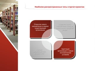 Открытие нового направления в рамках существующей организации Создание нового события или вывод на рынок нового продукта/услуги Рестарт организации или направления Наиболее распространенные типы стартап-проектов:  Адаптация организации к новым экономическим условиям 