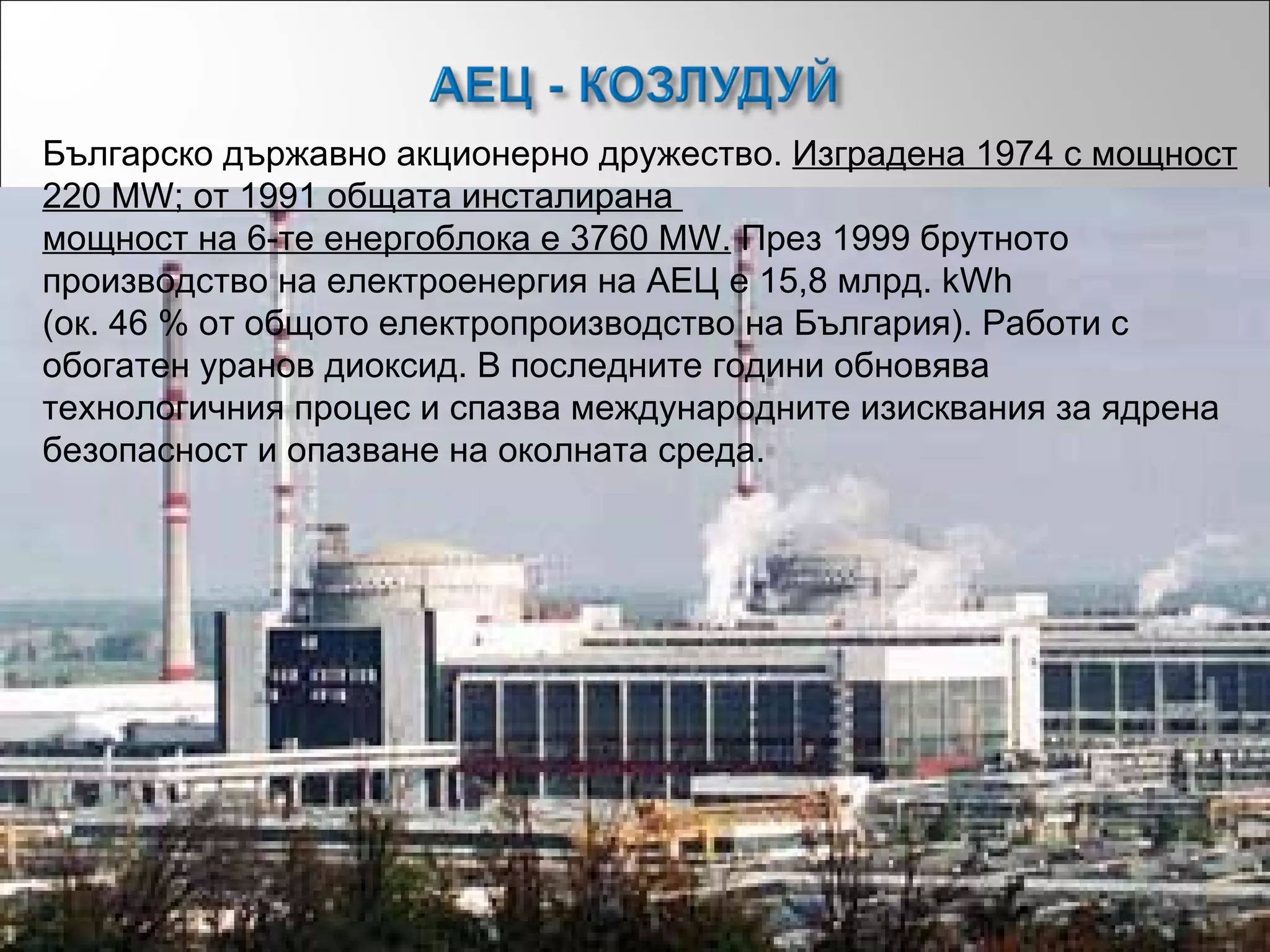 Българско държавно акционерно дружество.  Изградена 1974 с мощност 220 MW; от 1991 общата инсталирана  мощност на 6-те енергоблока е 3760 MW.  През 1999 брутното производство на електроенергия на АЕЦ е 15,8 млрд. kWh  (ок. 46 % от общото електропроизводство на България). Работи с обогатен уранов диоксид. В последните години обновява  технологичния процес и спазва международните изисквания за ядрена безопасност и опазване на околната среда. 