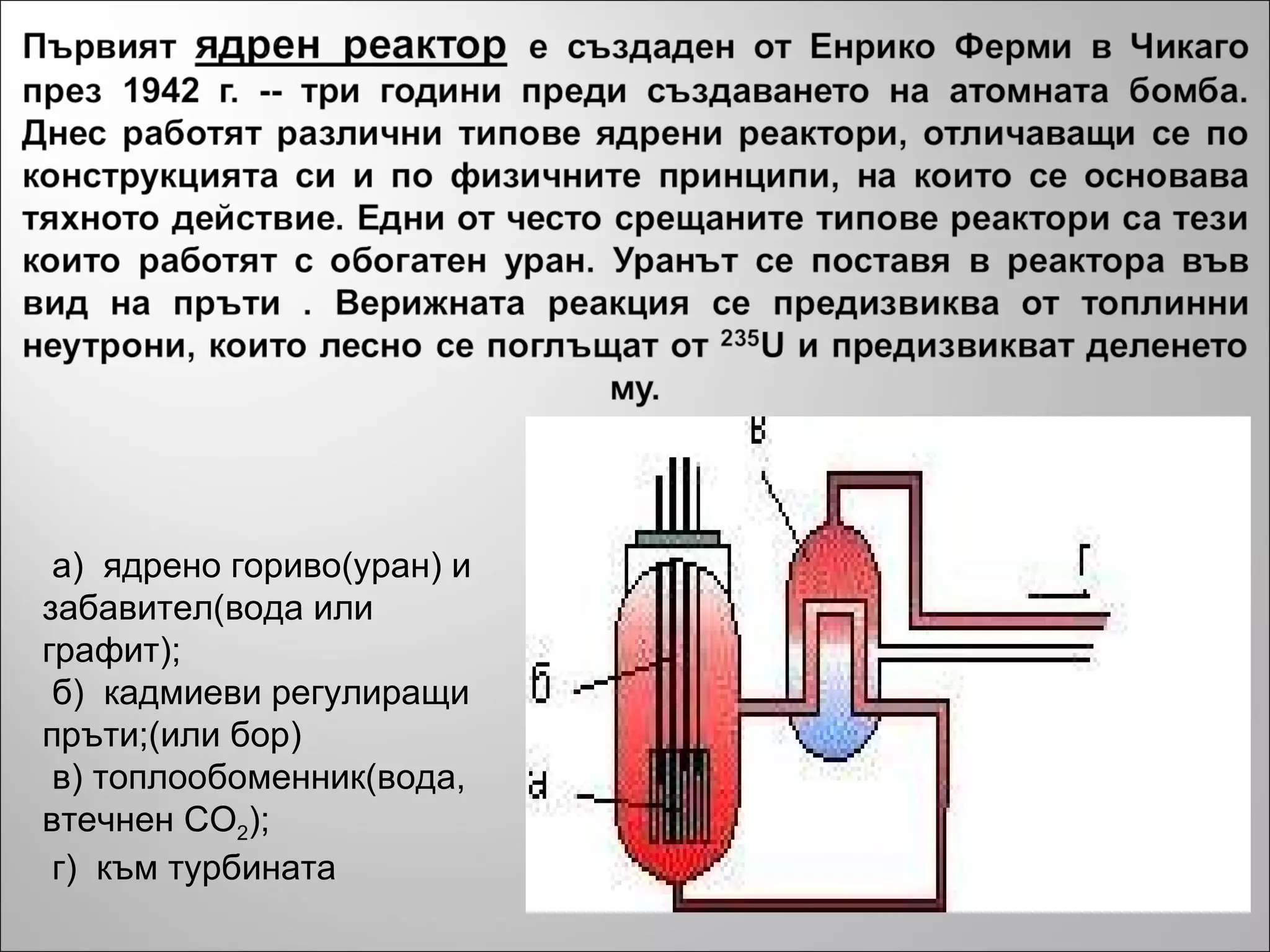 а)  ядрено гориво(уран) и забавител(вода или графит);  б)  кадмиеви регулиращи пръти;(или бор) в) топлообоменник(вода, втечнен СО 2 );  г)  към турбината  