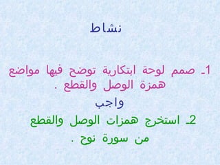 نشاط 1 ـ صمم لوحة ابتكارية توضح فيها مواضع همزة الوصل والقطع  . واجب 2 ـ استخرج همزات الوصل والقطع  من سورة نوح  . 