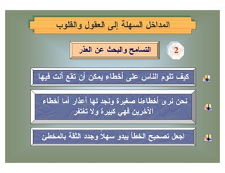 ‫ﺍﻟﻤﺩﺍﺨل ﺍﻟﺴﻬﻠﺔ ﺇﻟﻰ ﺍﻟﻌﻘﻭل ﻭﺍﻟﻘﻠﻭﺏ‬
    ‫ﺍﻟﻤﺩﺍﺨل ﺍﻟﺴﻬﻠﺔ ﺇﻟﻰ ﺍﻟﻌﻘﻭل ﻭﺍﻟﻘﻠﻭﺏ‬

            ‫ﺍﻟﺘﺴﺎﻤﺢ ﻭﺍﻟﺒﺤﺙ ﻋﻥ ﺍﻟﻌﺫﺭ‬       ‫2‬
                                          ‫2‬


‫ﻜﻴﻑ ﺘﻠﻭﻡ ﺍﻟﻨﺎﺱ ﻋﻠﻰ ﺃﺨﻁﺎﺀ ﻴﻤﻜﻥ ﺃﻥ ﺘﻘﻊ ﺃﻨﺕ ﻓﻴﻬﺎ‬

 ‫ﻨﺤﻥ ﻨﺭﻯ ﺃﺨﻁﺎﺀﻨﺎ ﺼﻐﻴﺭﺓ ﻭﻨﺠﺩ ﻟﻬﺎ ﺃﻋﺫﺍﺭ ﺃﻤﺎ ﺃﺨﻁﺎﺀ‬
           ‫ﺍﻵﺨﺭﻴﻥ ﻓﻬﻲ ﻜﺒﻴﺭﺓ ﻭﻻ ﺘﻐﺘﻔﺭ‬

 ‫ﺍﺠﻌل ﺘﺼﺤﻴﺢ ﺍﻟﺨﻁﺄ ﻴﺒﺩﻭ ﺴﻬ ﹰ ﻭﺠﺩﺩ ﺍﻟﺜﻘﺔ ﺒﺎﻟﻤﺨﻁﺊ‬
                    ‫ﻼ‬
 