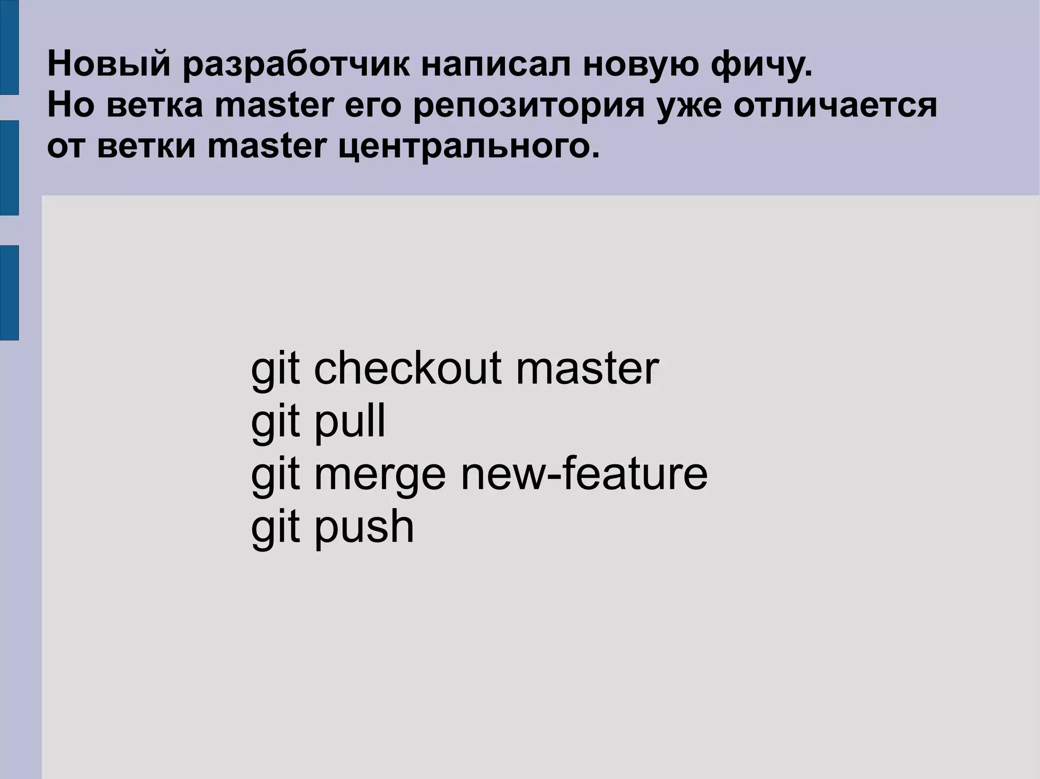 Новый разработчик написал новую фичу.
Но ветка master его репозитория уже отличается
от ветки master центрального.




          git checkout master
          git pull
          git merge new-feature
          git push
 
